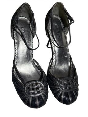 SEYCHELLES Y2K  Black/Gun silver Woven Lace Detail Ankle-Strap Heels|women’s 6.5